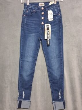Denim Blvd. L.A. Super High Rise Skinny Juniors Size 1 Button Fly DistresseJeans
